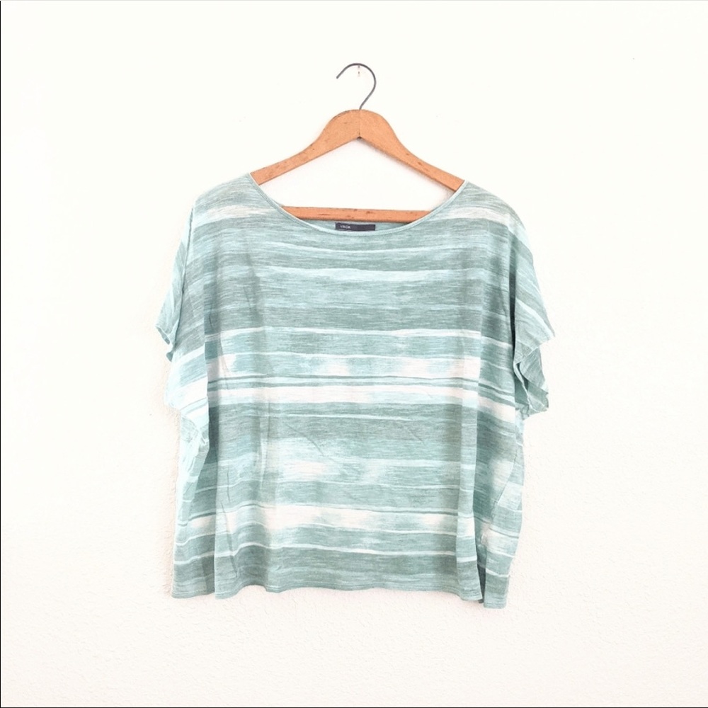 Vince Cotton Boat Neck Green White Abstract Top